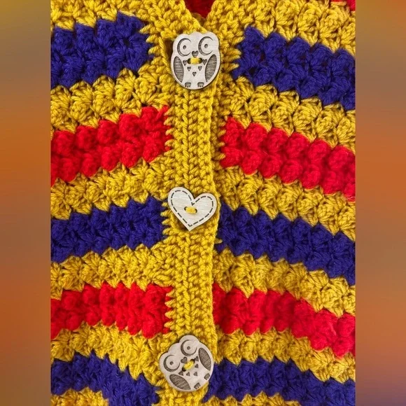 Handmade Crochet Blanket Sweater Cardigan with Wooden‎ Owl Buttons - Picture 3 of 10